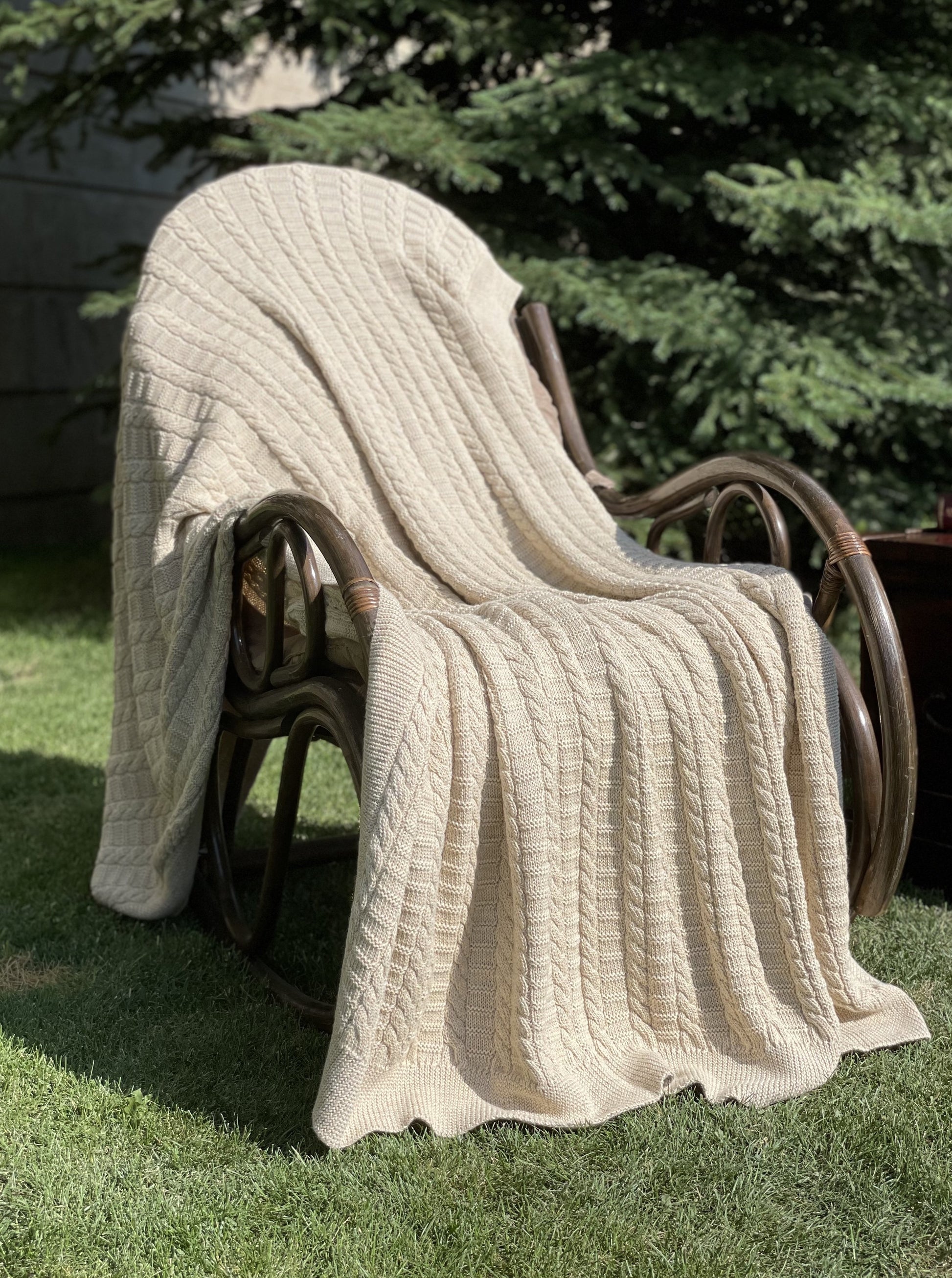 Cable Knitted Alpaca Blanket Throw in Beige Color