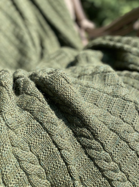 Cable Knitted Alpaca Blanket Throw in Green Color