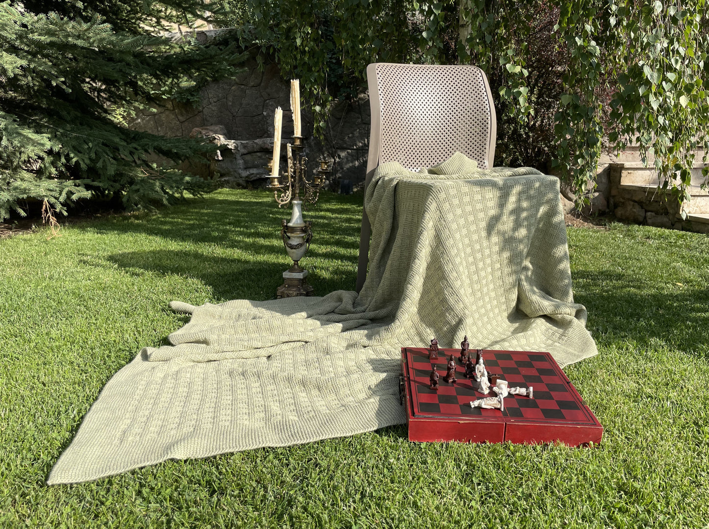 Knitted Baby Alpaca Wool Blanket Throw  Light Green