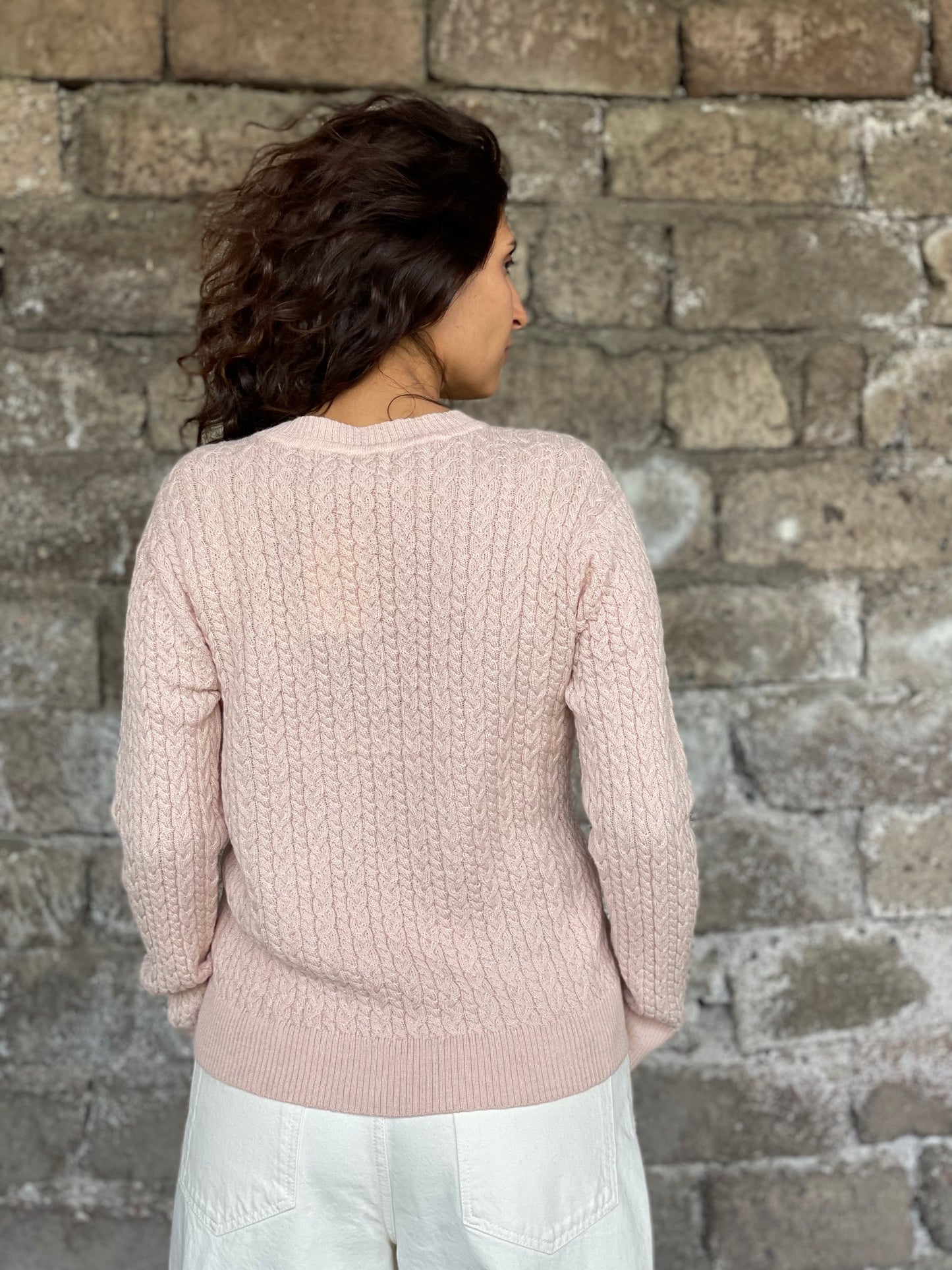Cable Knitted Alpaca Wool Sweater in pink color