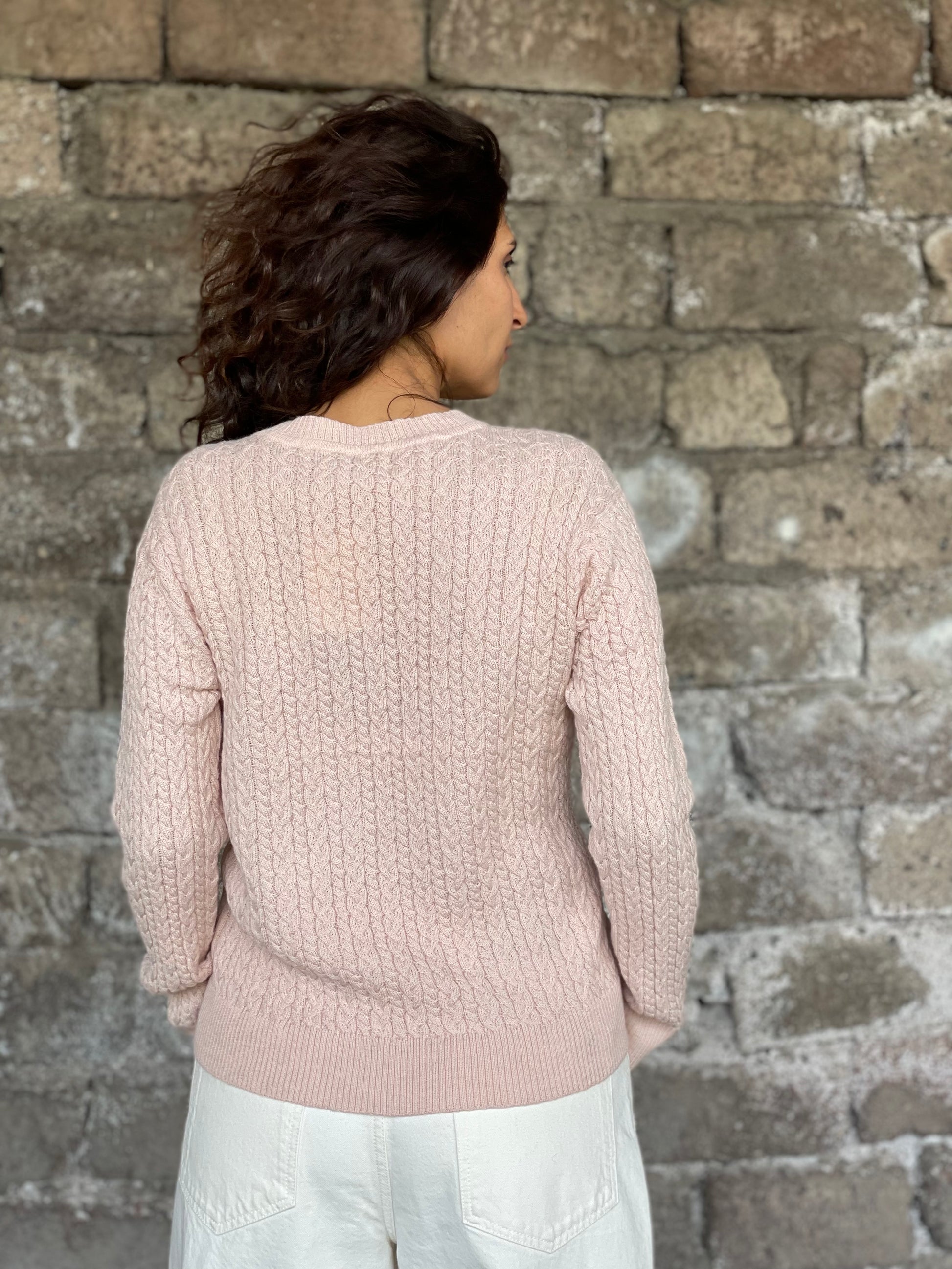 Cable Knitted Alpaca Wool Sweater in pink color
