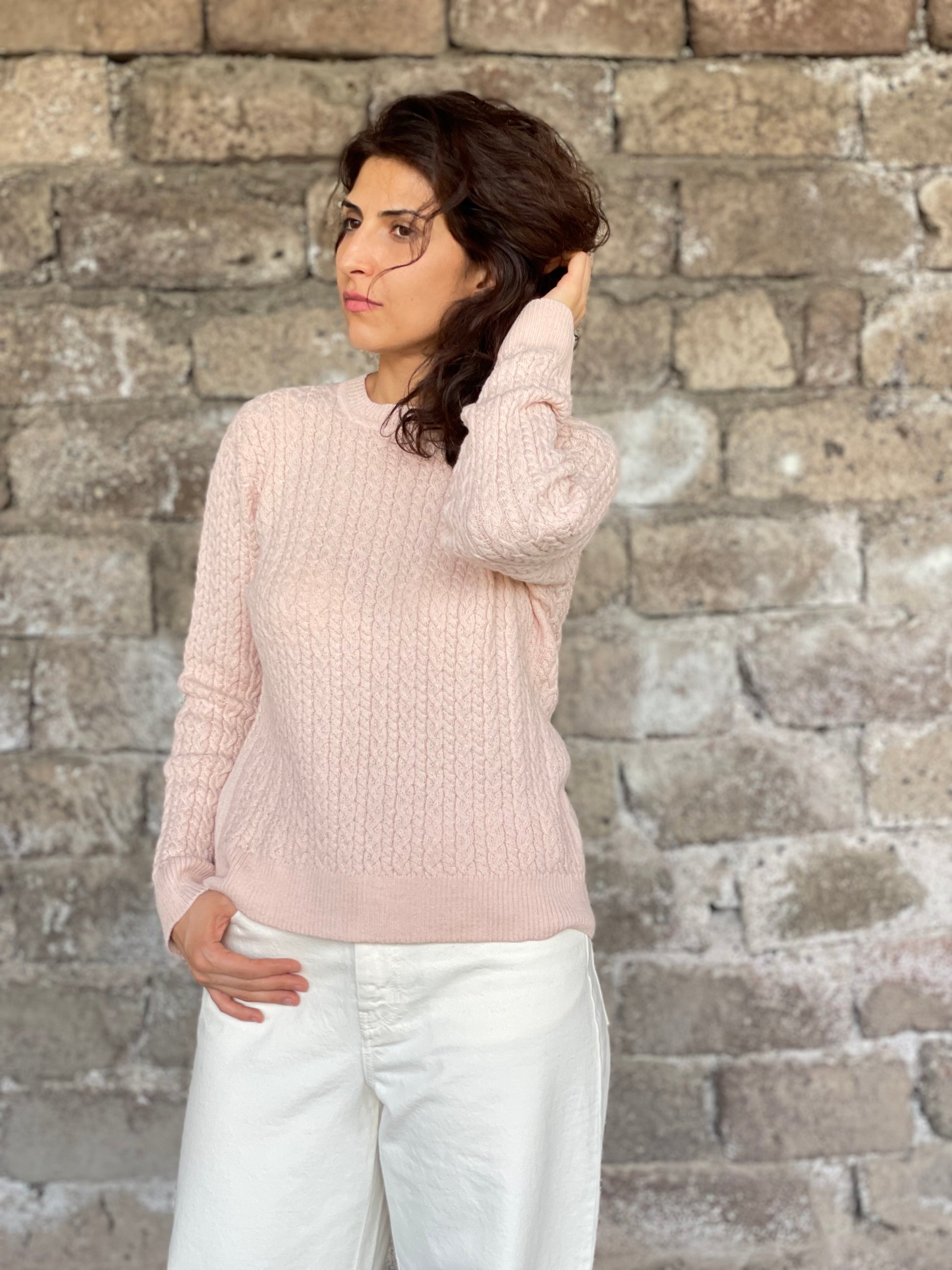 Cable Knitted Alpaca Wool Sweater in pink color