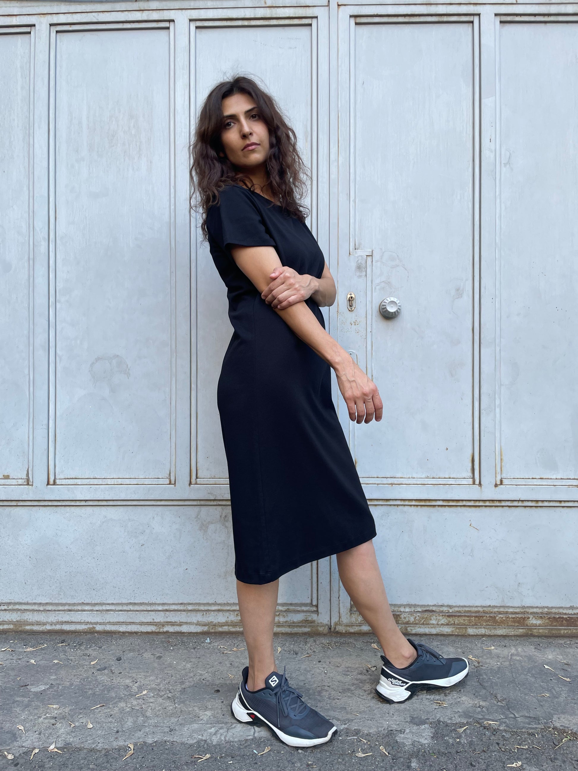 Cotton jersey straight dress in black color