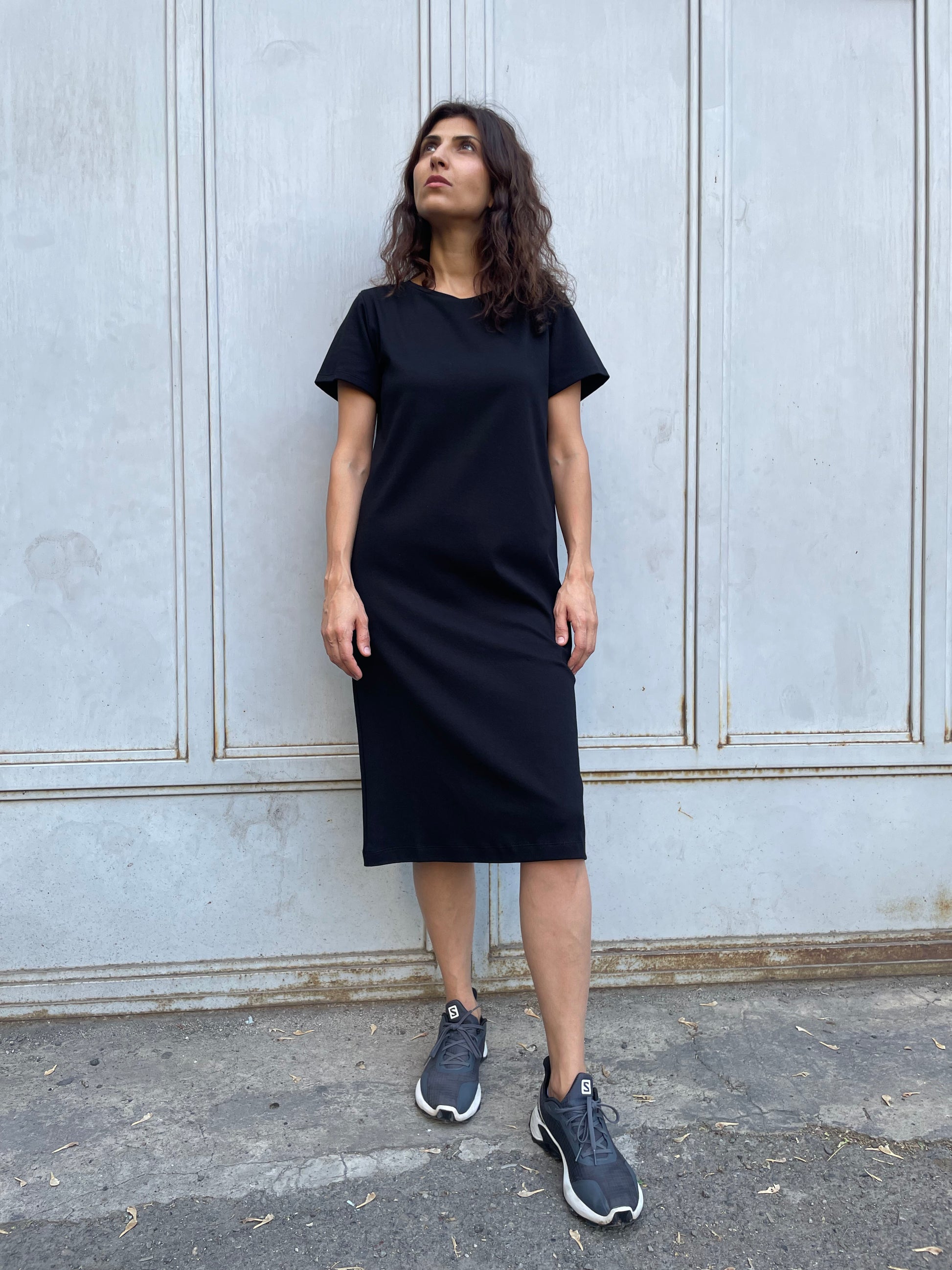 Cotton jersey straight dress in black color