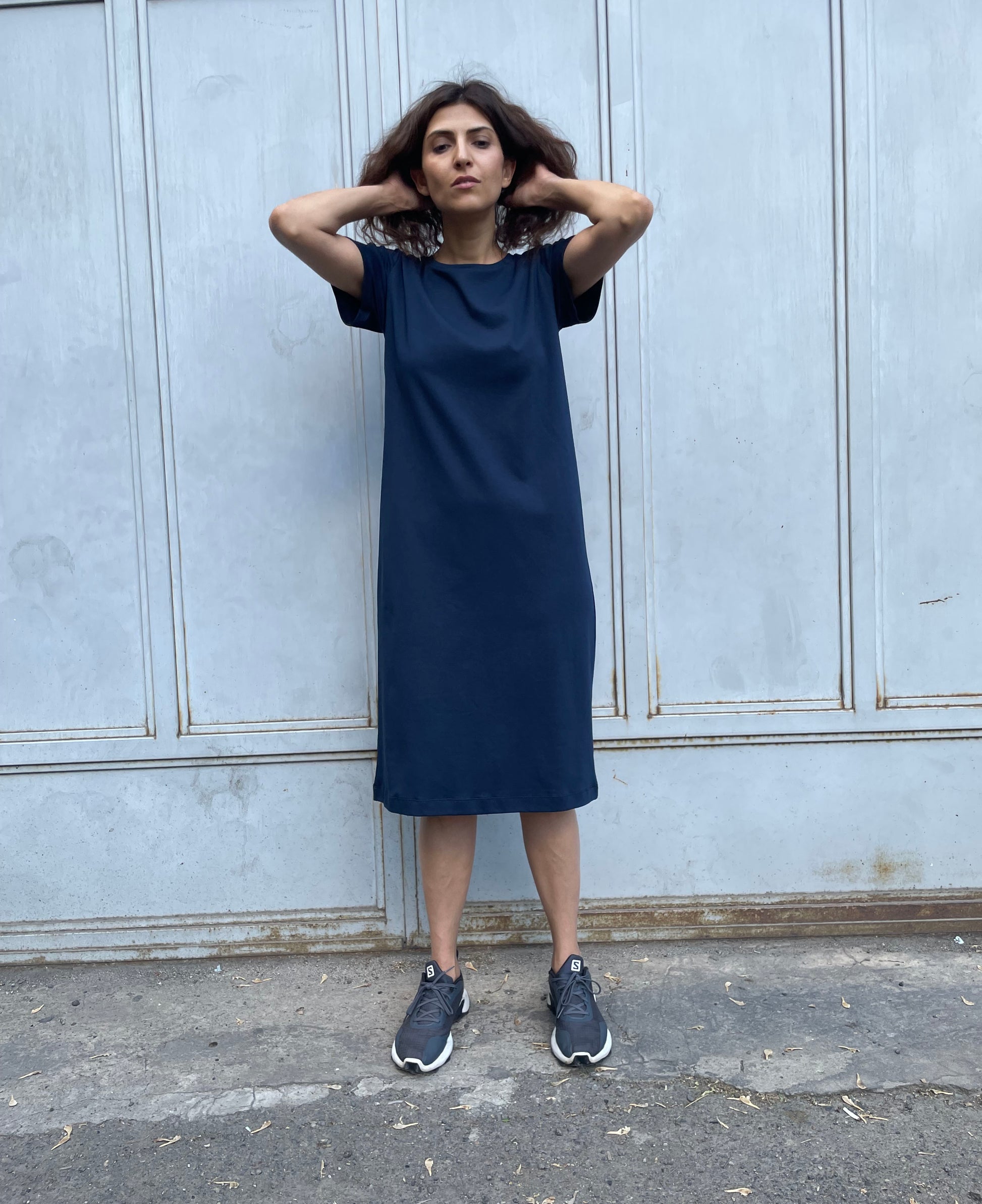 Cotton jersey straight dress in blue color