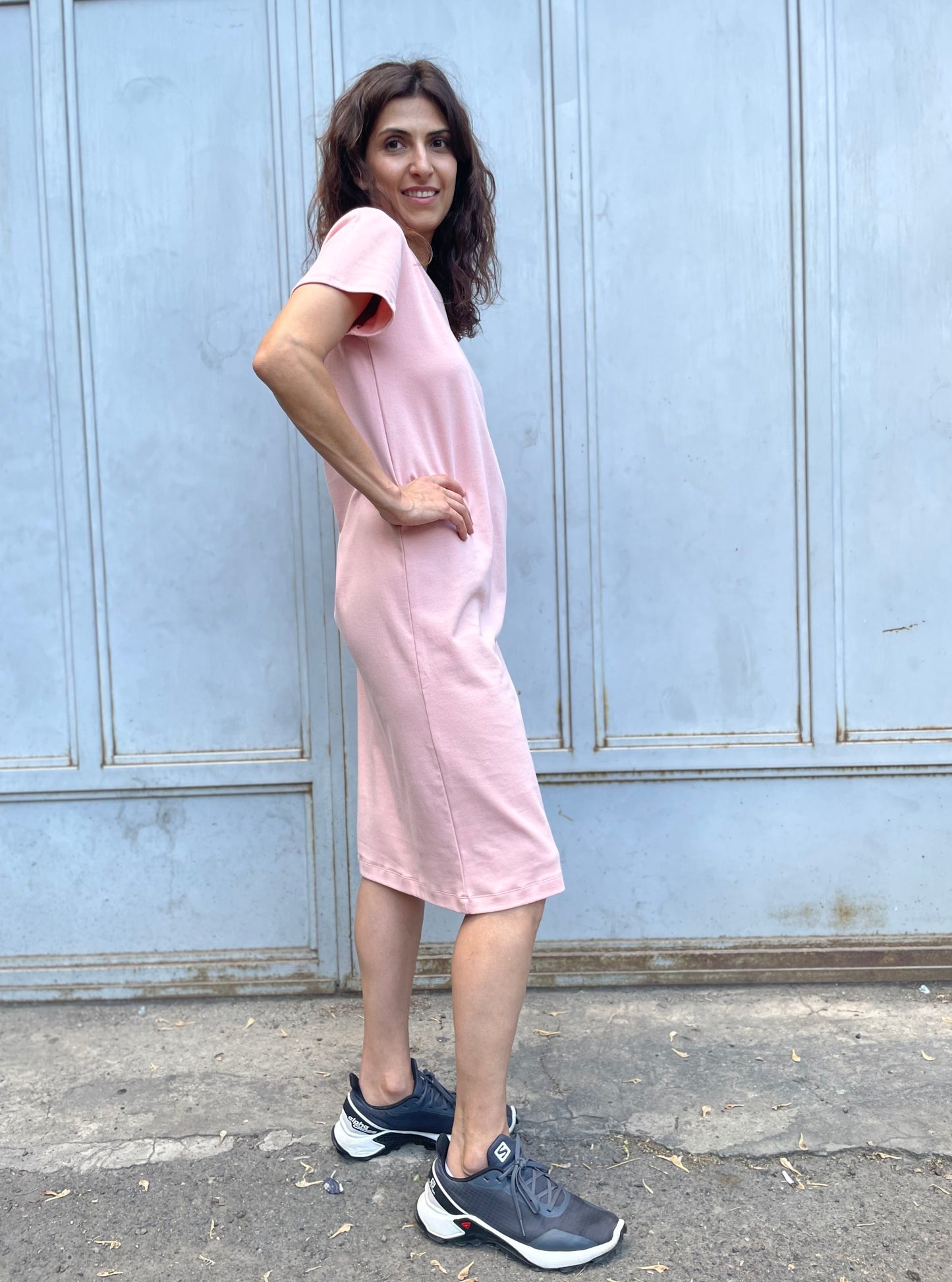 Cotton jersey straight dress in pink color