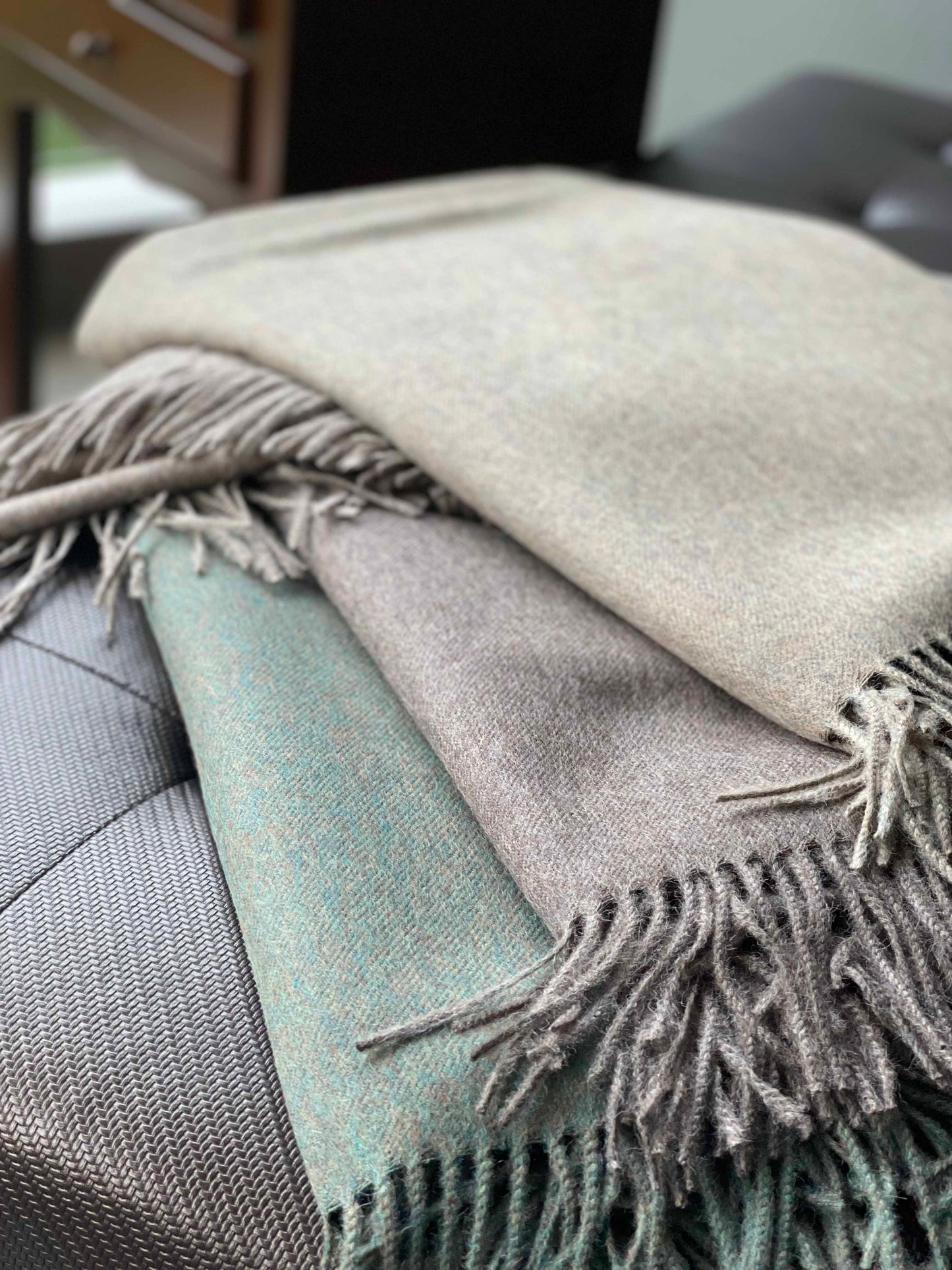 Blanket from alpaca wool in green brown beige colors