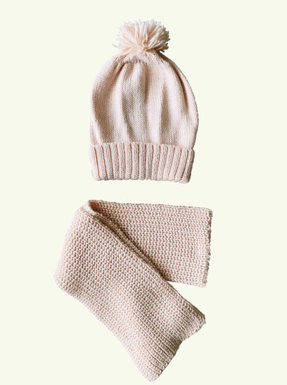 Baby knitted hat and scarf in colour pink 