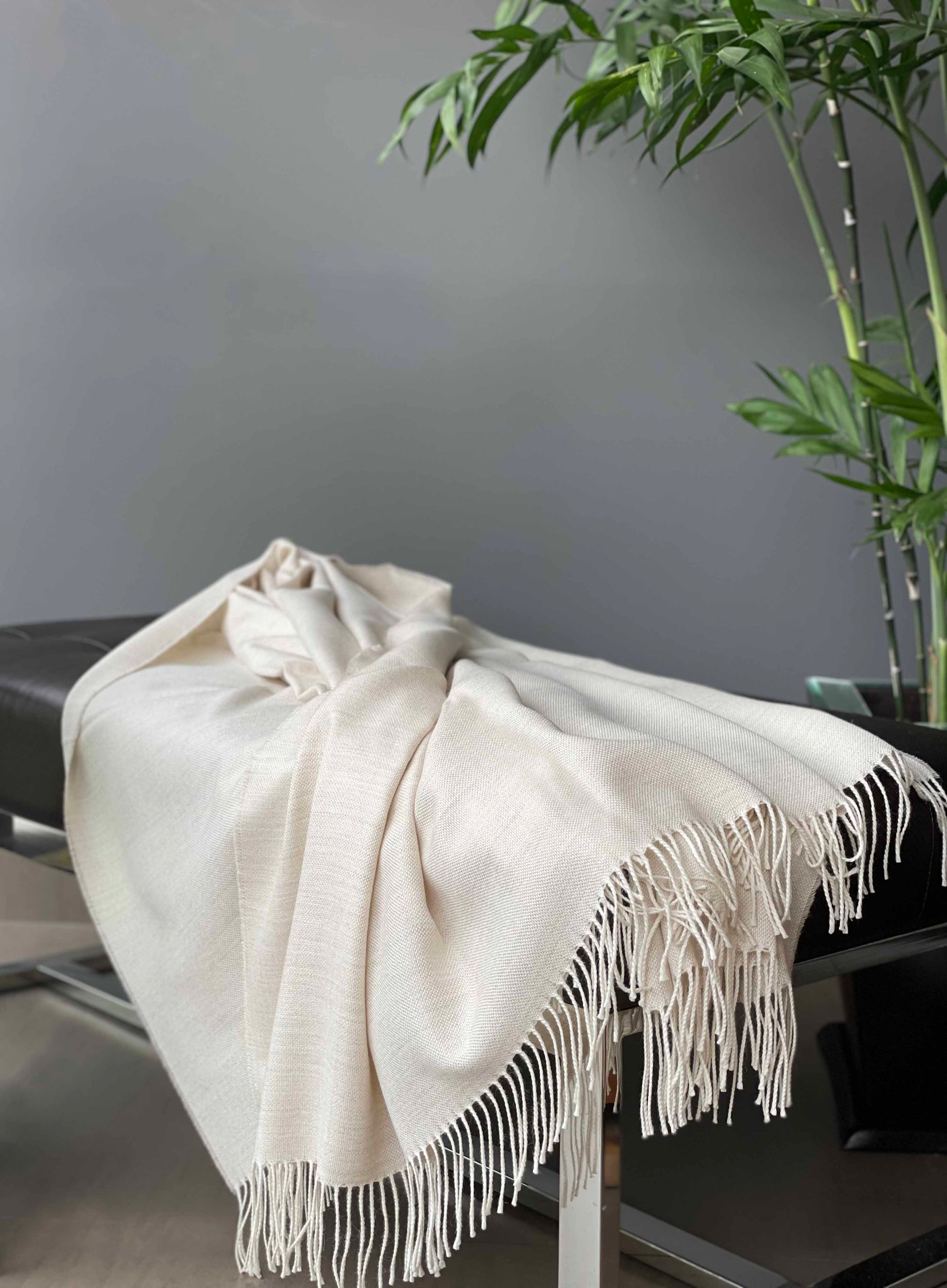 Blanket from alpaca wool in off-white color